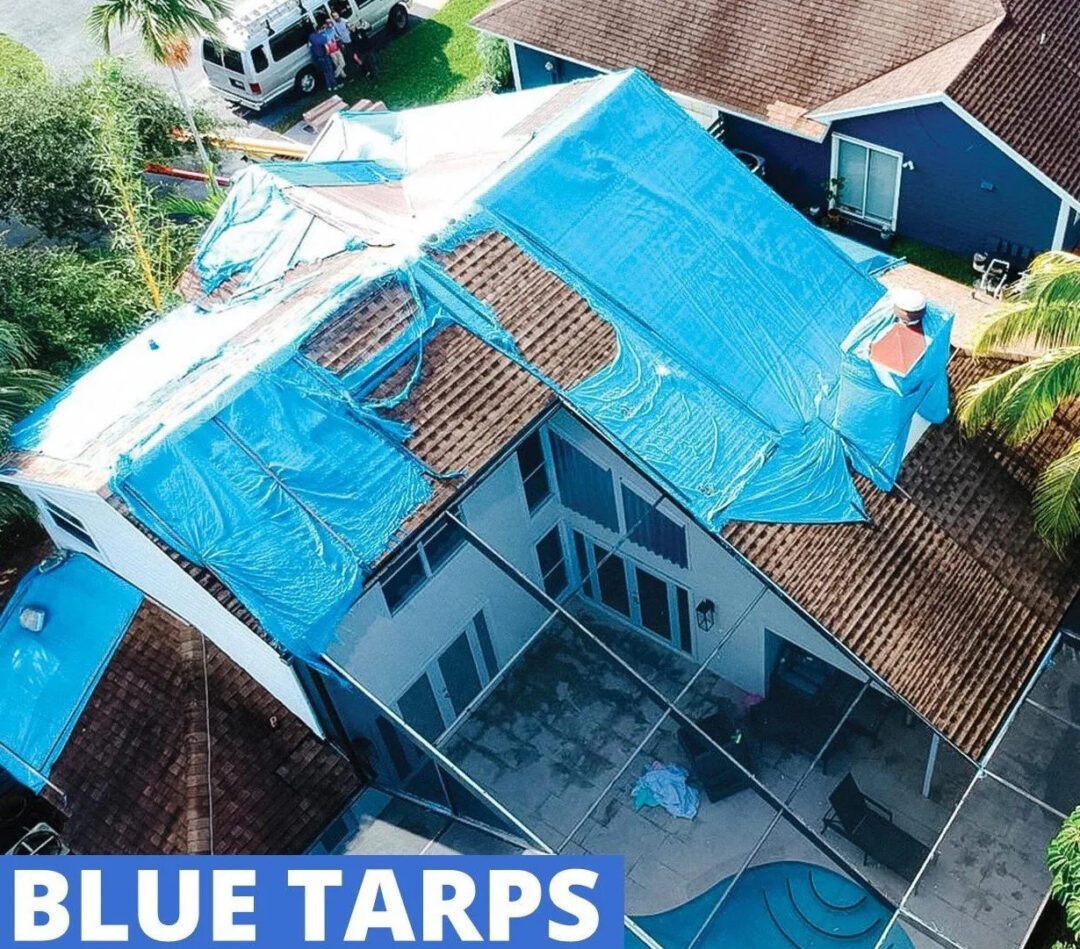 Blue tarps as a temporary roofing solution shown as not so effective compared to WrapRoofs
